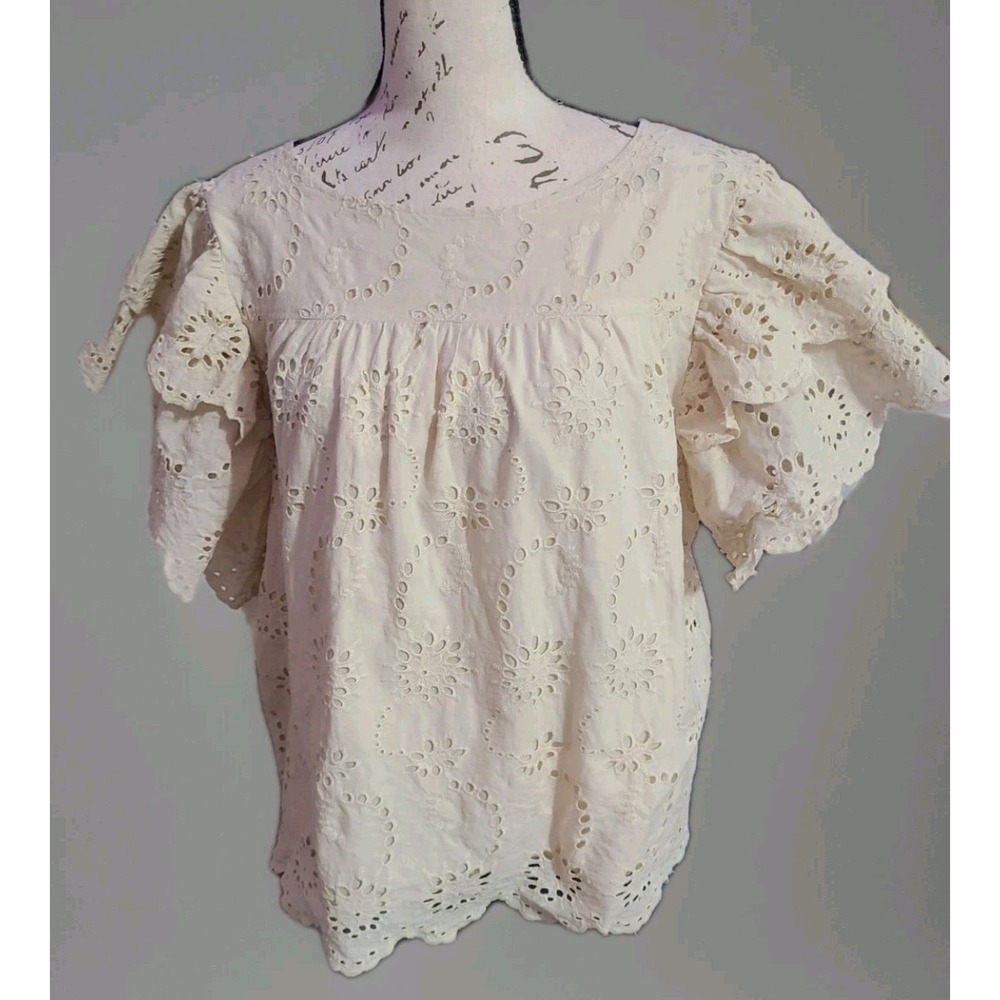 7 For All‎ Mankind Large Eyelet Embroidered Cotton Boho Peasant Blouse Beige Top